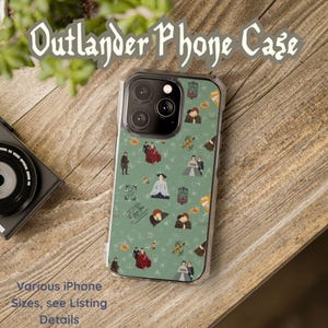 May include: Clear phone case with a green background and various illustrations of characters and scenes from the Outlander series. The text "Outlander Phone Case" is at the top. The text "Various iPhone Sizes, see Listing Details" is at the bottom.