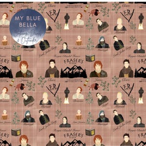 Puede incluir: Un patrón repetitivo con personajes del libro y la serie de televisión "Outlander". El patrón incluye imágenes de Jamie, Claire, Brianna, Roger, Murtagh, Lord John Grey y Fergus. El patrón también incluye texto que dice "My Blue Bella Clothing Decals & Outlander!" y "Fraser's Ridge".