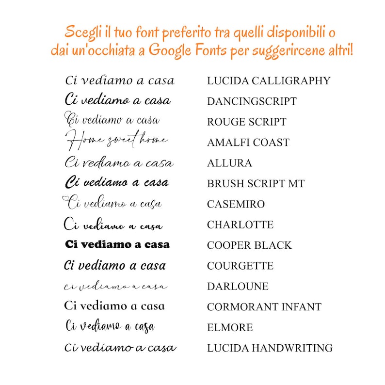 K&ouml;nnte beinhalten: Eine Liste verschiedener Schriftarten mit dem Satz "Ci vediamo a casa" in jeder Schriftart. Der Satz ist italienisch und bedeutet "Bis bald zu Hause".