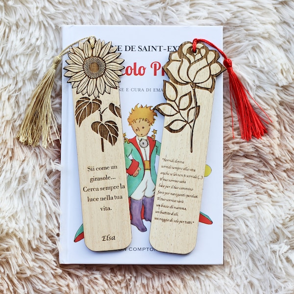 Marque-page en bois Tournesol et Rose - cadeau original pour lecteurs - livres - gravure laser marque-page Petit Prince