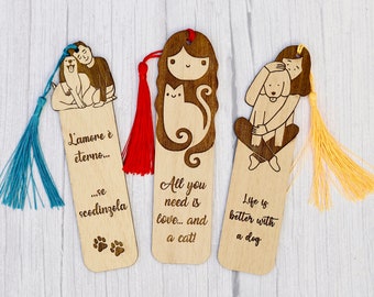 Lesezeichen aus Holz mit Tiermotiven (Hunde und Katzen) – Personalisiertes Geschenk für Kinder, Jugendliche, Geburtstage, Weihnachten – Lasergravur