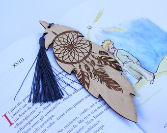 Lesezeichen aus Holz mit Feder und Traumfänger – lasergraviert – personalisiert, Geschenk für Leser
