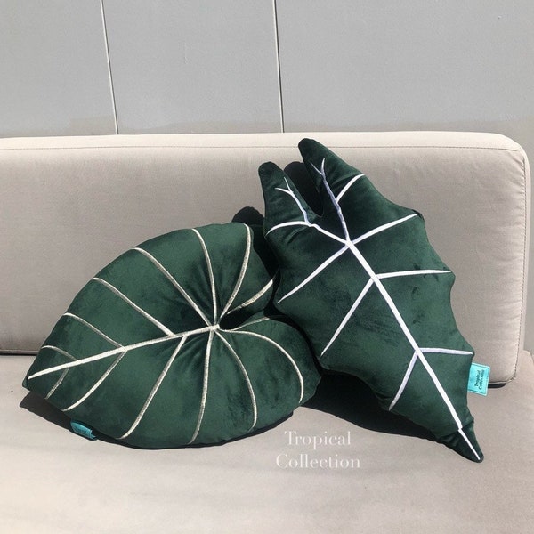 2PCS Velvet Leaf Pillow, Handmade Decor, "Alocasia Frydek & Philodendron Gloriosum"