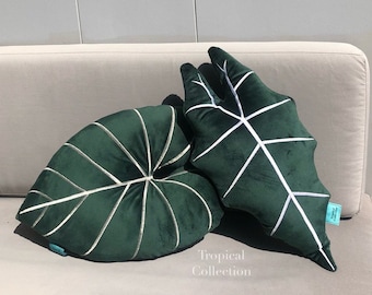 2PCS Velvet Leaf Pillow, Handmade Decor, "Alocasia Frydek & Philodendron Gloriosum"