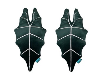 2 peças de travesseiro de folha Alocasia Frydek, veludo verde e feito à mão