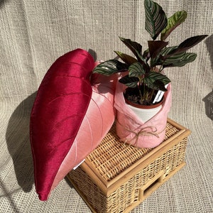 PHILODENDRON PINK PRINCESS Handmade Leaf Pillow, Italian Silk