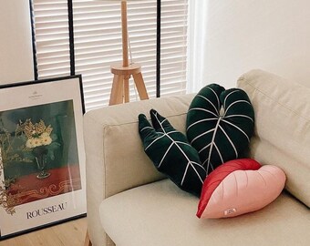 Conjunto de 2 peças Philodendron Pink Princess, almofada em formato de folha, decoração feita à mão