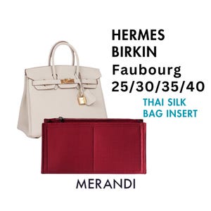 May include: A cream-colored handbag with a gold padlock and a rectangular deep red Thai silk bag insert. Text reads: HERMES BIRKIN Faubourg 25/30/35/40 THAI SILK BAG INSERT MERANDI. The insert features multiple internal compartments and a zipper.
