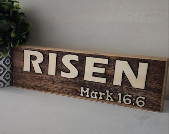 RISEN Wood Shelf Sign – Christian Home Decor, Bible Verse
