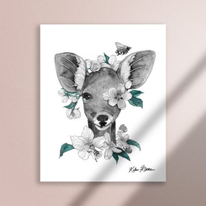 Deer Fawn and Apple Blossoms Art Print, Ink Wash,