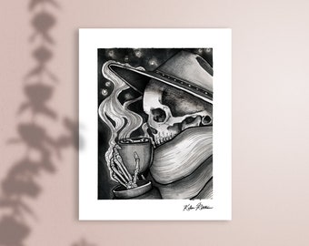 May include: Black and white illustration of a skeleton wearing a hat and scarf, holding a steaming cup. The artwork features detailed shading and a dark, atmospheric background with small, glowing dots. The artist's signature is visible.