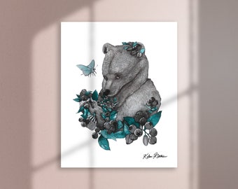 Grizzly Bear & Butterfly Forest Series Art Print, Room Decor, Teal Ink Wash Painting