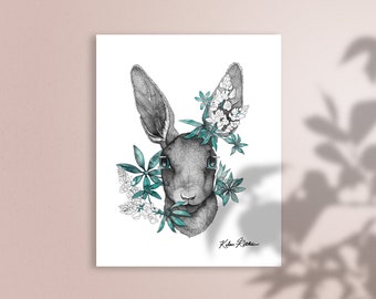 Hare Rabbit & Bluebonnet Flowers Woodland Bunny, Room Decor, Art Print, Teal Ink Wash Painting