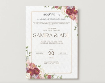 Plantilla de invitación de boda musulmana, descarga de invitación Nikkah, invitación digital de boda musulmana, invitaciones Nikkah florales, tarjeta de invitación roja