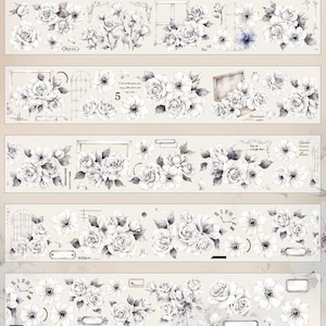 May include: Decorative washi tape rolls featuring floral designs in black and white. The tape includes roses, daisies, and other flowers, along with decorative frames and text elements. The overall theme is vintage and romantic.
