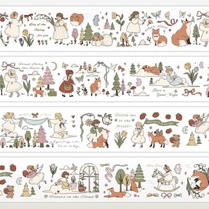 May include: Decorative washi tape featuring whimsical illustrations of girls, foxes, trees, and flowers. The tape includes text such as "Lily of the Valley for you", "Forest Story", "Follow me to the forest!", and "Have a Good Night".