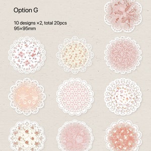 May include: A collection of twenty decorative paper doilies, each with a unique floral or patterned design. The doilies are round, approximately 3.7 inches in diameter, and feature a delicate lace edge. The text "Option G" and other details are visible.