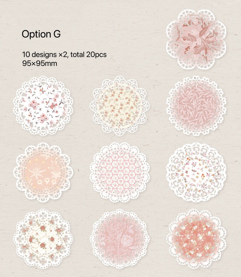 May include: A collection of twenty decorative paper doilies, each with a unique floral or patterned design. The doilies are round, approximately 3.7 inches in diameter, and feature a delicate lace edge. The text "Option G" and other details are visible.