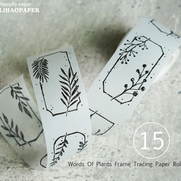 Lihaopaper No.15 Black Words of Plants Frame | 96cm (2 Loops) Sample/Roll Tracing Paper Tape | Plant Stickers, Junk Journal Supplies, bujo