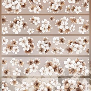 May include: Decorative washi tape featuring a repeating floral pattern. The design showcases clusters of white and brown flowers against a neutral background. The tape is ideal for scrapbooking, journaling, and craft projects.