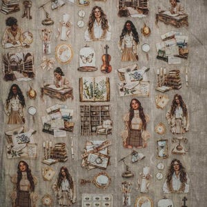 May include: A collection of vintage-style stickers featuring illustrations of women, books, violins, and antique furniture. The stickers have a muted color palette with sepia tones, creating a nostalgic aesthetic. Includes images of hourglasses, magnifying glasses, and botanical illustrations.