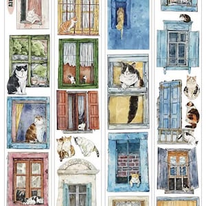 May include: Watercolor illustrations of various windows, each featuring a cat. The windows are depicted in different styles, with open shutters, curtains, and architectural details. Cats of various colors and patterns are seen lounging in the windows.