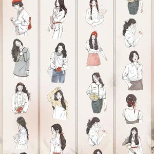 May include: A sheet of stickers featuring illustrations of women in various poses and outfits. The drawings are in a simple, line-art style with minimal color, primarily black and white with touches of red and yellow.