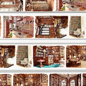 May include: Decorative masking tape featuring watercolor illustrations of classic libraries and reading rooms. The tape includes images of bookshelves, tables, chairs, and architectural details. The text "Knowledge Field" and "Colored Masking Tape With Designs" are also visible.