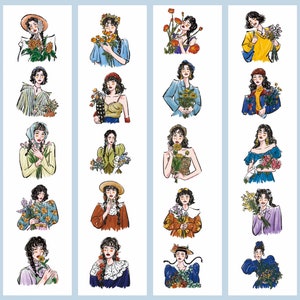 MoonStd Flower Girls 2 | One Loop Sample or Roll Washi Tape | People Stickers, Junk Journal Supply, Planner Sticker, Scrapbook, Collage