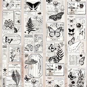 May include: A collage of vintage-style ephemera featuring butterflies, botanical illustrations, and postage stamp designs. The black and white images include text, numbers, and various shapes, creating a layered and textured aesthetic.