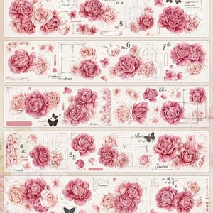 May include: Decorative washi tape featuring watercolor-style illustrations of pink peonies, butterflies, and architectural elements like windows and arches. The tape includes text elements such as "Pink", "Journal", and numbers.