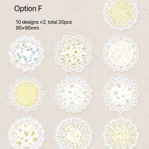 May include: A collection of twenty decorative paper doilies, each with a unique floral design. The doilies are white with a scalloped edge and measure 95mm x 95mm. The text "Option F" is at the top.