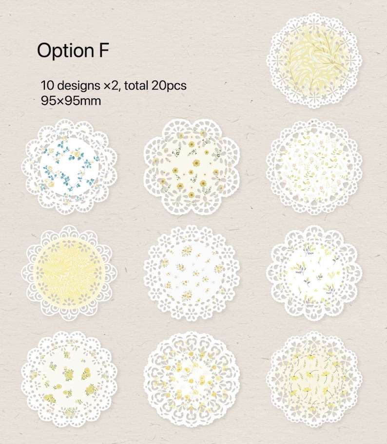 May include: A collection of twenty decorative paper doilies, each with a unique floral design. The doilies are white with a scalloped edge and measure 95mm x 95mm. The text "Option F" is at the top.