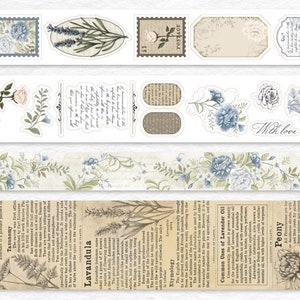 May include: Decorative washi tape set featuring floral and vintage designs. Includes stamps, labels, and floral patterns in shades of blue, beige, and green. The tape also features text from old newspapers and handwritten script.