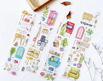 Sonia Household Small Things | One Loop Sample or Roll PET Tape | Furnish Sticker, Junk Journal Supplies, Planner Sticker, Scrapbooking