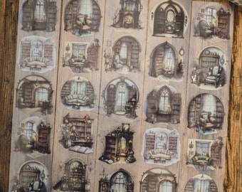 May include: A sheet of decorative stickers with illustrations of vintage library scenes. Each sticker depicts a different interior, with bookshelves, armchairs, and windows, in a soft, muted colour palette. The stickers are arranged on a transparent backing, ideal for scrapbooking or journaling.