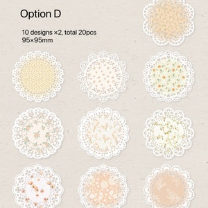 May include: A collection of twenty decorative paper doilies, each with a unique floral pattern and a white lace edge. The doilies are 95mm in diameter and feature various pastel colors. The text "Option D" is at the top.