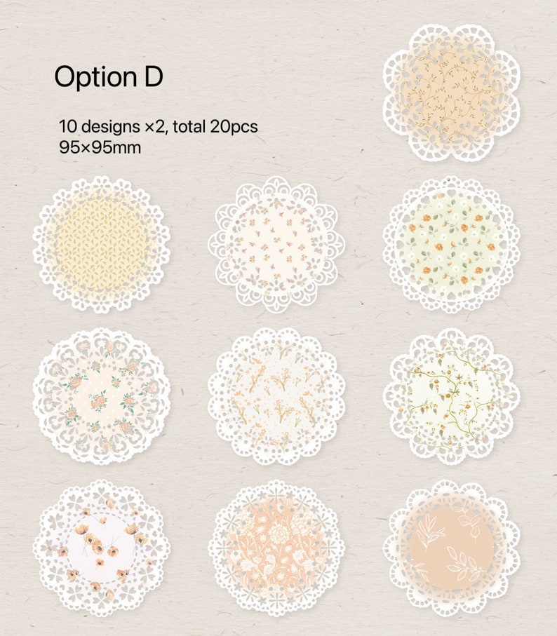 May include: A collection of twenty decorative paper doilies, each with a unique floral pattern and a white lace edge. The doilies are 95mm in diameter and feature various pastel colors. The text "Option D" is at the top.