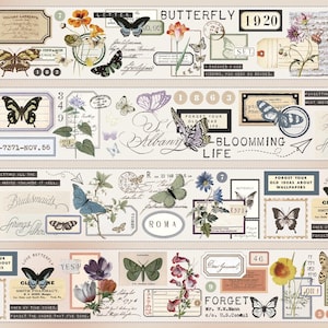 May include: Decorative paper strips featuring butterfly illustrations, floral accents, and vintage ephemera. The design includes handwritten text, stamps, and labels, with a color palette of beige, blue, and brown. The word "BUTTERFLY" is prominently displayed.