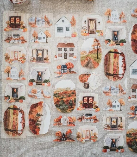 LG Most Cosy Autumn Scenes | One Loop Sample or Roll Kiss-cut PET Tape | Pre-cut Autumn Stickers, Junk Journal Supply, Scrapbooking, Collage