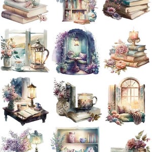 May include: Watercolor illustrations of cozy reading nooks and still lifes. The images feature stacks of books, teacups, candles, flowers, and decorative elements. The color palette includes soft pastels and warm tones, creating a relaxing and inviting atmosphere.