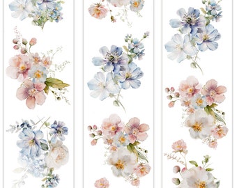 Puede incluir: Diseño floral en acuarela con ramos de flores blancas, rosas y azules. Los arreglos incluyen peonías, hortensias y otras flores con follaje verde, sobre un fondo blanco. Ideal para papelería o tela.