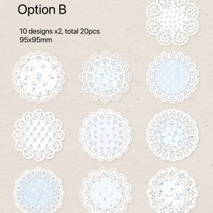 May include: A collection of twenty white lace doilies in ten different designs, each with a floral or dotted pattern in shades of blue. The doilies are 95x95mm and feature scalloped edges. The text "Option B" is visible.