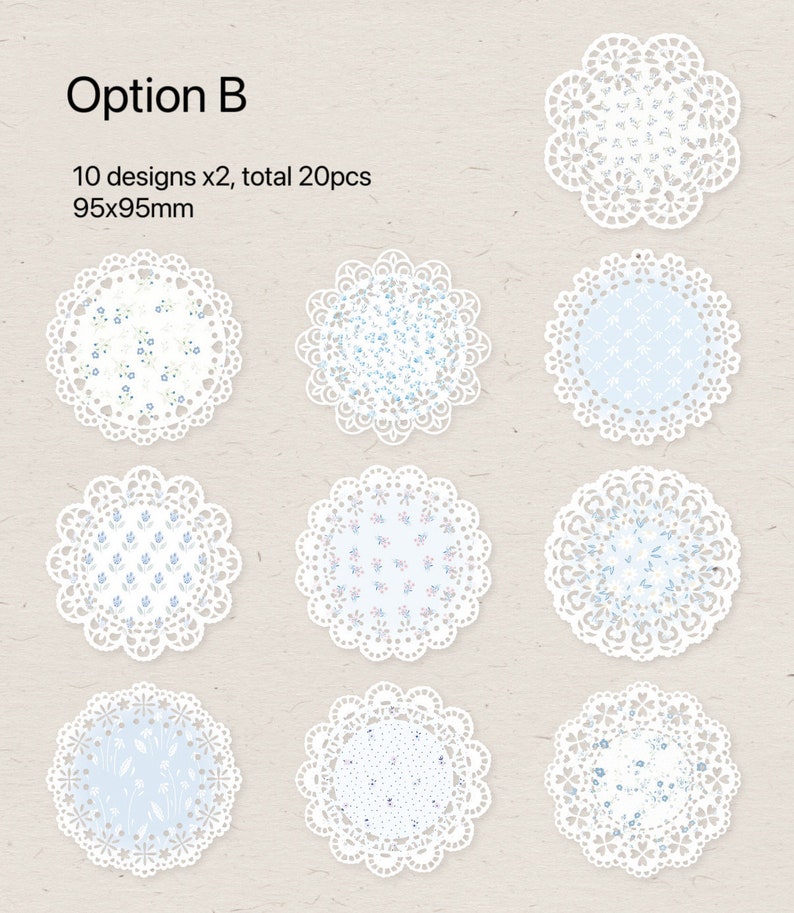 May include: A collection of twenty white lace doilies in ten different designs, each with a floral or dotted pattern in shades of blue. The doilies are 95x95mm and feature scalloped edges. The text "Option B" is visible.