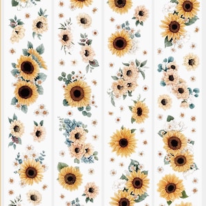 May include: Watercolor floral design with sunflowers, daisies, and other flowers in yellow, white, and blue. The design is arranged in vertical strips on a white background, ideal for craft projects.