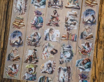 May include: Washi tape with watercolour illustrations of people reading books. The images depict scenes of reading, including stacks of books, cosy reading nooks, and people reading in different environments.