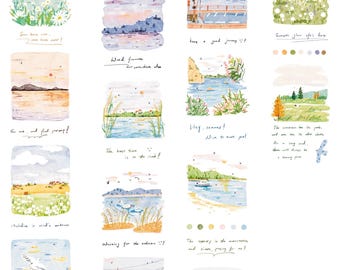 May include: A collection of watercolor landscape stickers featuring various scenes: a sailboat on the water, a sunset over mountains, a coastal road, and fields of flowers. Each sticker includes handwritten text, with a palette of soft colors.