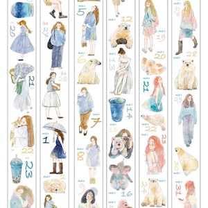 May include: A decorative washi tape roll featuring watercolor illustrations of women, animals, and objects, with dates and months. The illustrations include a polar bear, a dog, and a woman with an umbrella.