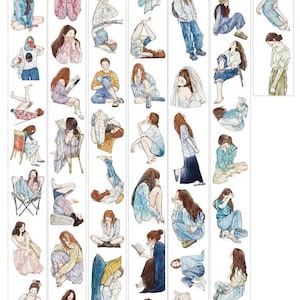 May include: A collection of watercolor illustrations featuring figures in various poses. The figures, with long brown hair, are depicted in casual clothing, some reading or in contemplative positions. The color palette includes blues, pinks, and whites.