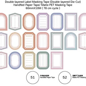 May include: A sheet of decorative masking tape labels in various shapes and pastel colors. The labels include arched, oval, and rectangular designs with dotted and star accents. The text at the top reads "Double-layered Label Masking Tape". The tape is 60mm wide and 10 meters long.